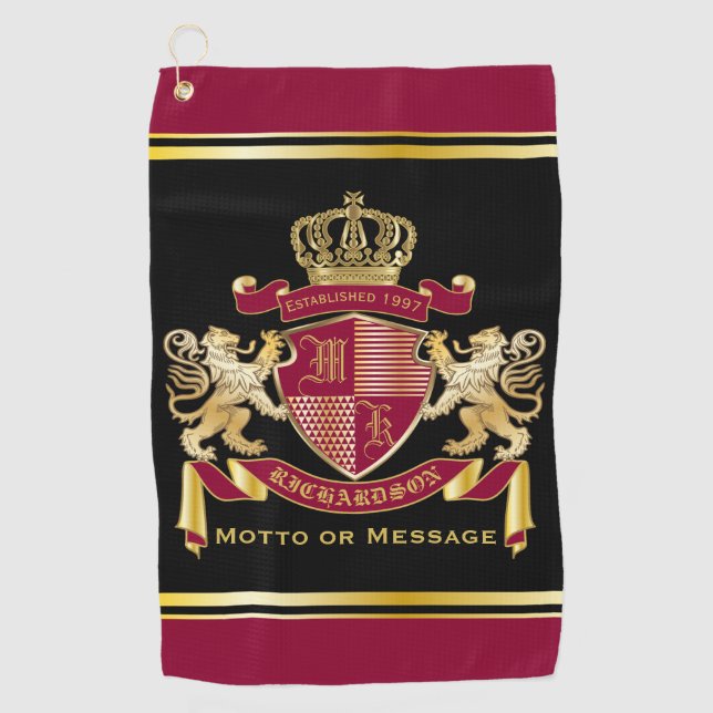 Make Your Own Coat of Arms Red Gold Lion Emblem Golf Towel (Front)