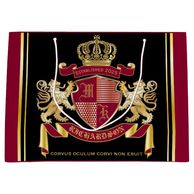 Make Your Own Coat of Arms Red Gold Lion Emblem Large Gift Bag (Front)