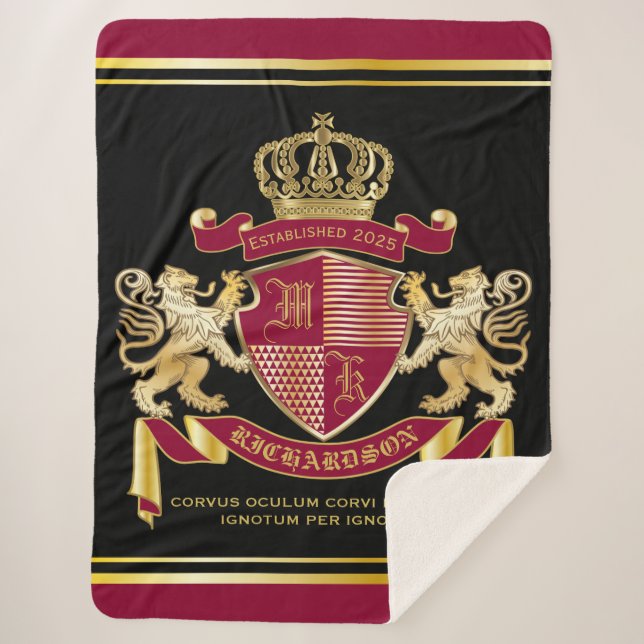 Make Your Own Coat of Arms Red Gold Lion Emblem Sherpa Blanket (Front)