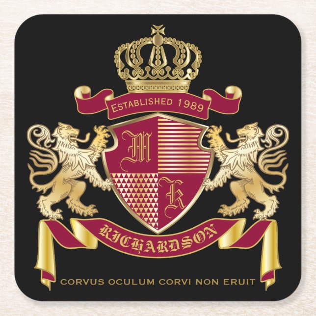 Make Your Own Coat of Arms Red Gold Lion Emblem Square Paper Coaster (Front)