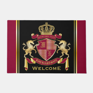 Make Your Own Coat of Arms Red Gold Unicorn Emblem Doormat