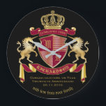 Make Your Own Coat of Arms Red Gold Unicorn Emblem Large Clock<br><div class="desc">Create your very own aristocratic Coat of Arms, Emblem, Insignia or Family Crest with this beautiful, classic escutcheon or shield design. Crimson red patterns decorate a shield topped with a golden crown and flanked by mediaeval heraldic unicorns. A matching top banner holds your custom wedding date / birth date /...</div>