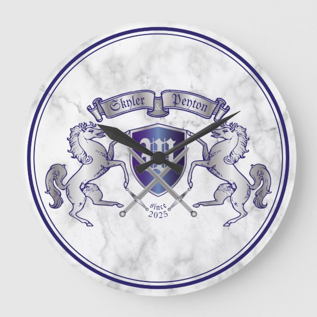 Make Your Own Coat of Arms Silver Horse Shield Large Clock (Front)