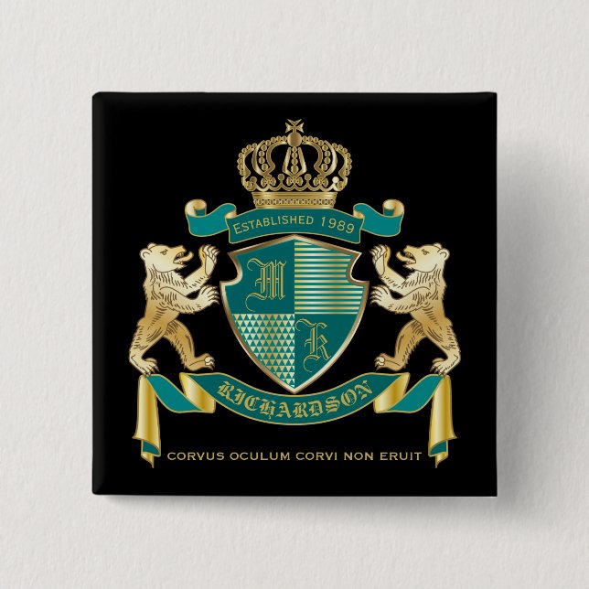 Make Your Own Coat of Arms Teal Gold Bear Emblem 15 Cm Square Badge (Front)
