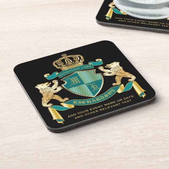 Make Your Own Coat of Arms Teal Gold Bear Emblem Coaster (Left Side)