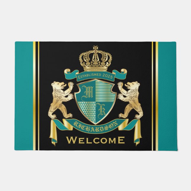 Make Your Own Coat of Arms Teal Gold Bear Emblem Doormat (Front)