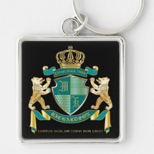 Make Your Own Coat of Arms Teal Gold Bear Emblem Key Ring
