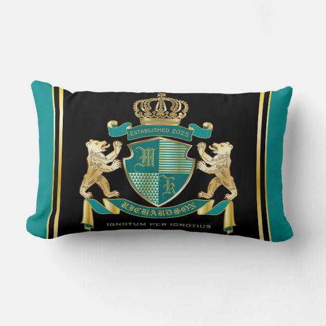 Make Your Own Coat of Arms Teal Gold Bear Emblem Lumbar Cushion (Front)