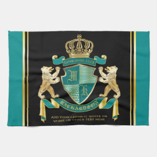 Make Your Own Coat of Arms Teal Gold Bear Emblem Tea Towel
