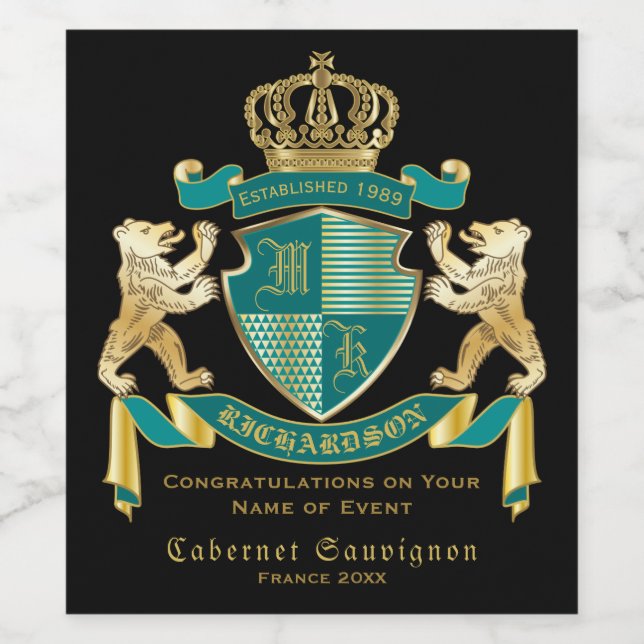 Make Your Own Coat of Arms Teal Gold Bear Emblem Wine Label (Single Label)