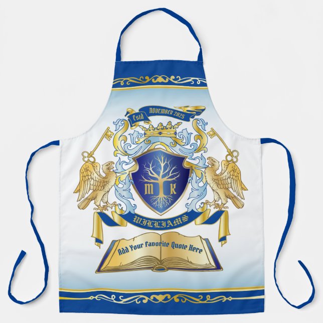 Make Your Own Emblem Tree Book Key Crown Gold Blue Apron (Front)