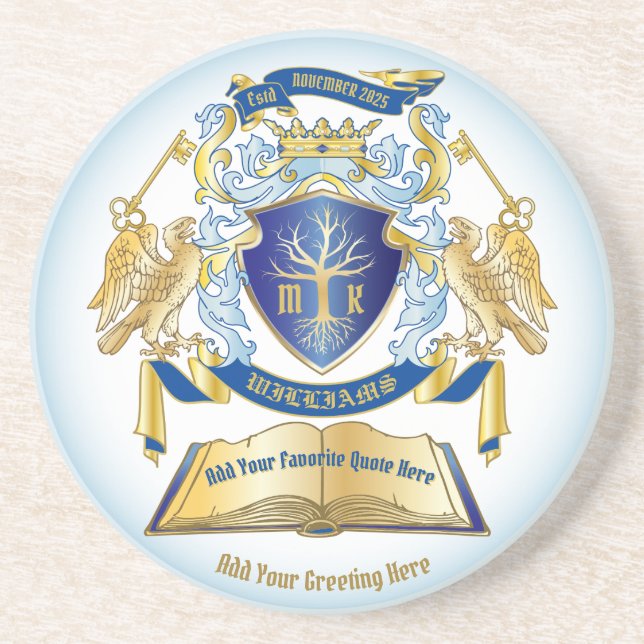 Make Your Own Emblem Tree Book Key Crown Gold Blue Coaster (Front)