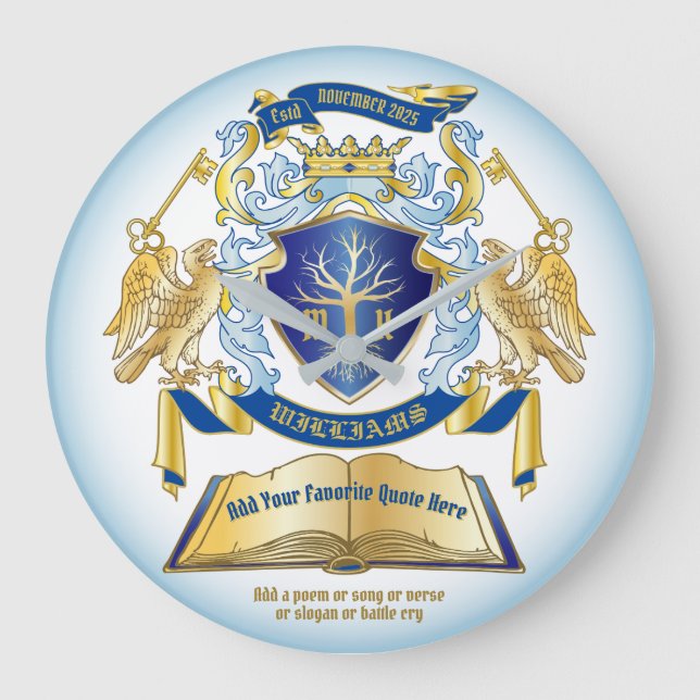 Make Your Own Emblem Tree Book Key Crown Gold Blue Large Clock (Front)