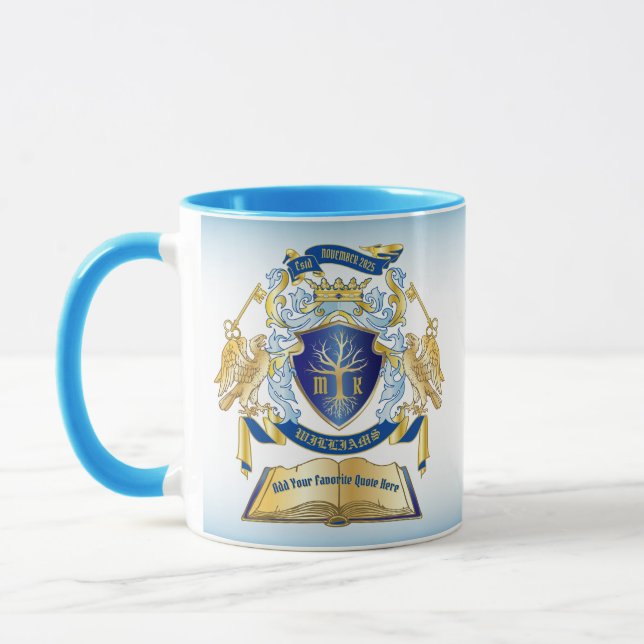 Make Your Own Emblem Tree Book Key Crown Gold Blue Mug (Left)