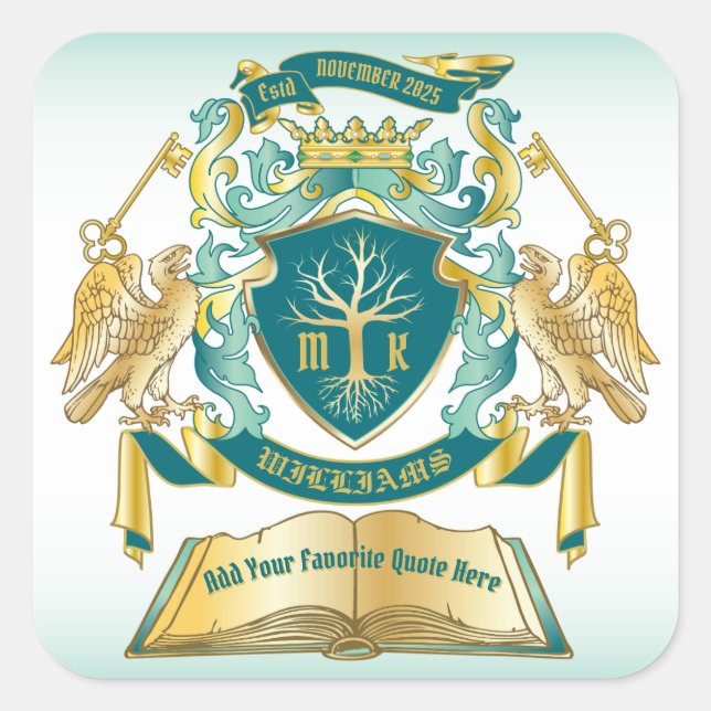 Make Your Own Emblem Tree Book Key Crown Gold Jade Square Sticker (Front)