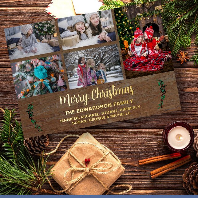Make your own family collage rustic foil Christmas Foil Holiday Card (Create your own rustic wood, family photo collage, Merry Christmas foil holiday card.)