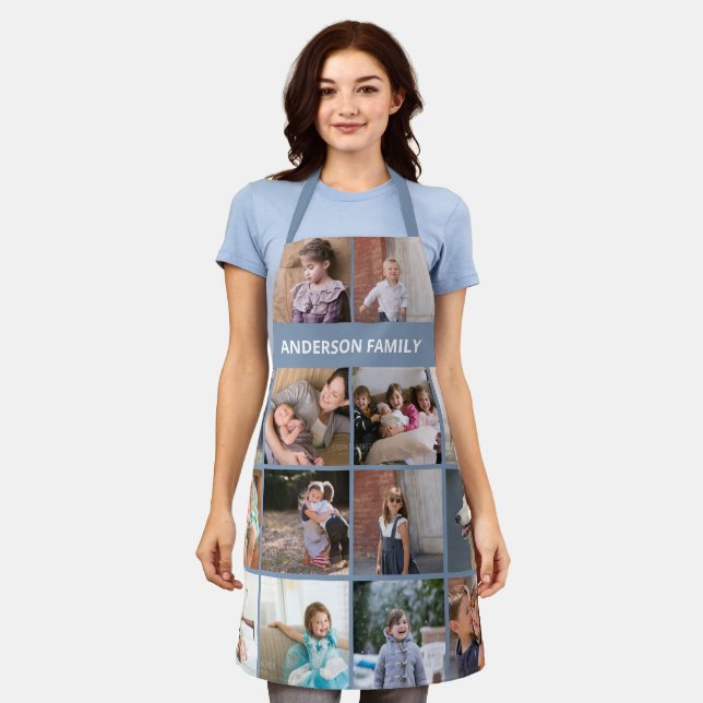 Make your own family photo collage name dusty blue apron (Worn)