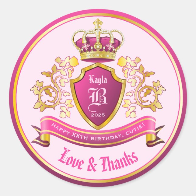 Make Your Own Love & Thanks Coat of Arms Pink Gold Classic Round Sticker (Front)