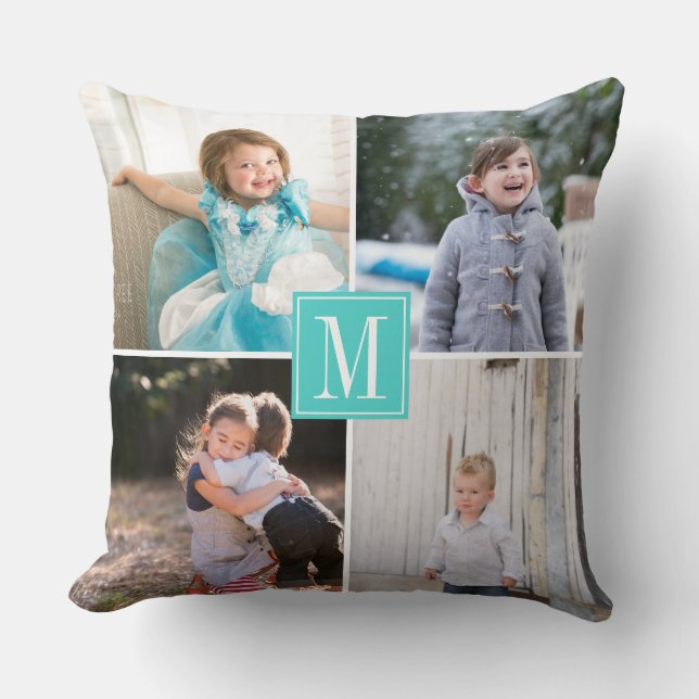 Make your own photo collage and monogram aqua blue cushion (Front)