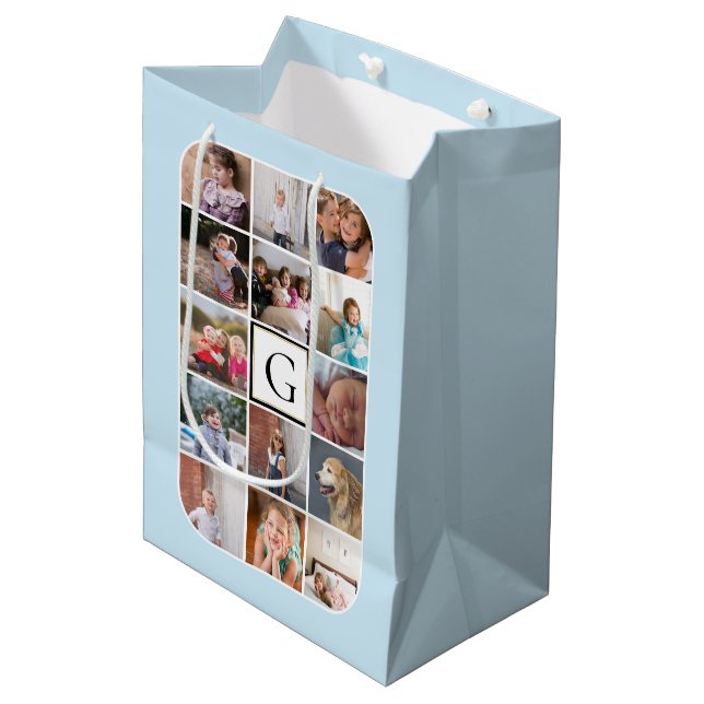 Make your own photo collage, monogram light blue medium gift bag (Front Angled)