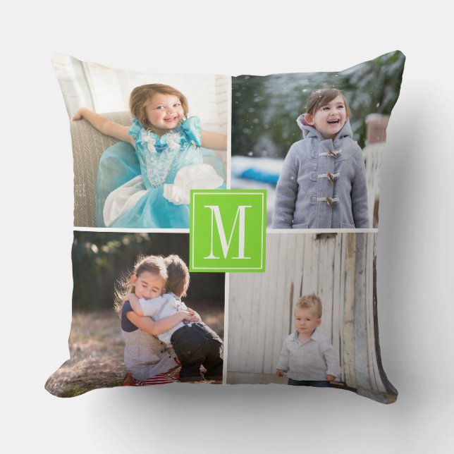 Make your own photo collage, monogram lime green cushion (Front)