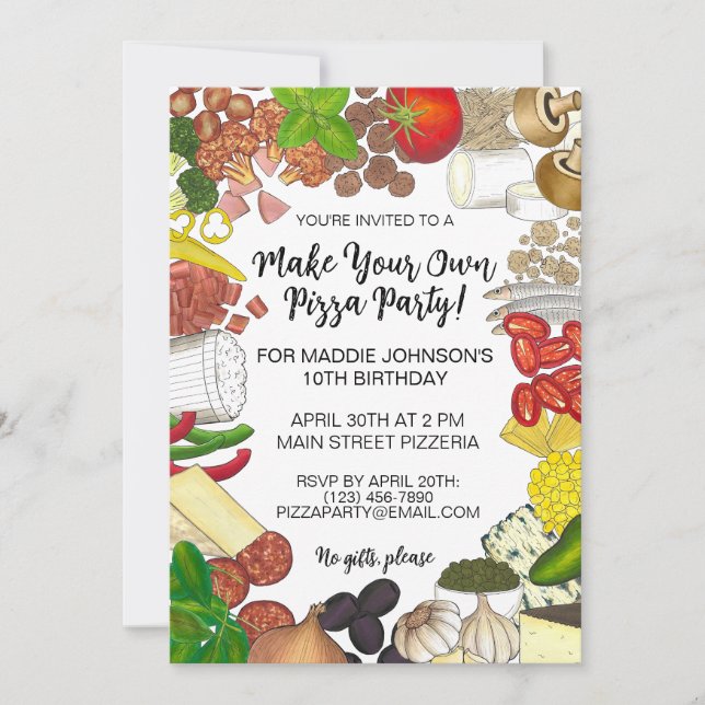 Make Your Own Pizza Party Pizzeria Toppings Food Invitation (Front)