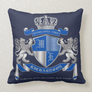 Make Your Own Silver Lion Emblem Coat of Arms Blue Cushion