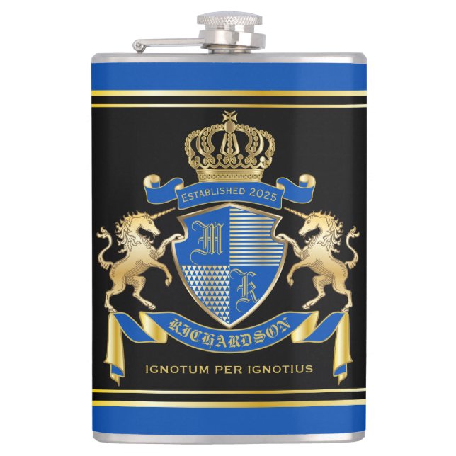 Make Your Own Unicorn Coat of Arms Blue Emblem Hip Flask (Front)