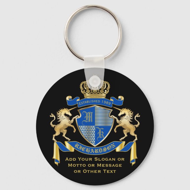 Make Your Own Unicorn Coat of Arms Blue Emblem Key Ring (Front)