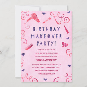 Makeover Party   Pink & Purple Girls Birthday Invitation