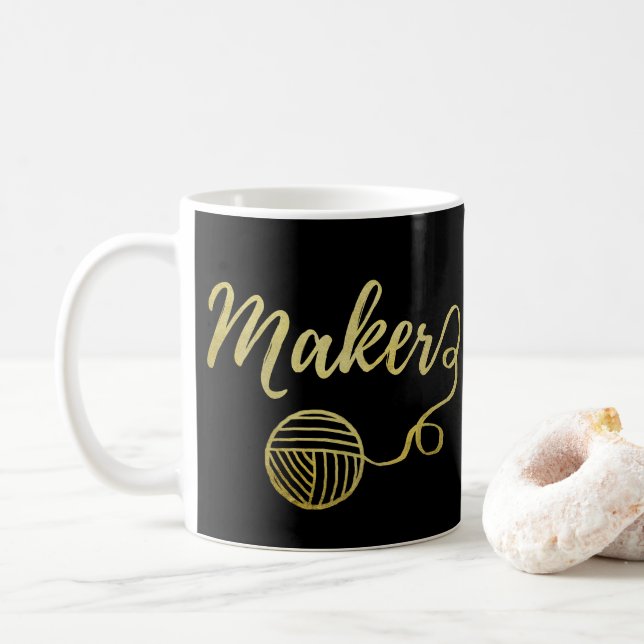 Maker • Yarn & Crafts Typography Faux Gold Coffee Mug (With Donut)