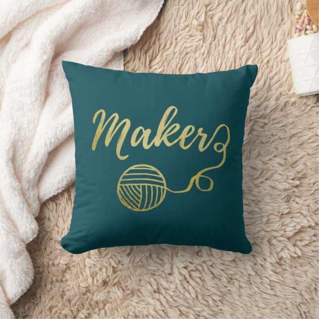 Maker Yarn Crafts Typography Faux Gold Teal Cushion (Blanket)