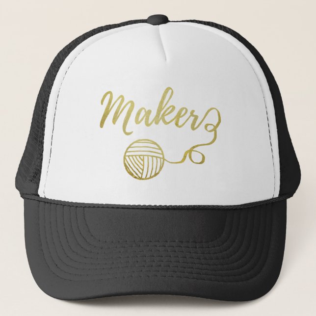 Maker Yarn + Crafts Typography Faux Gold Trucker Hat (Front)