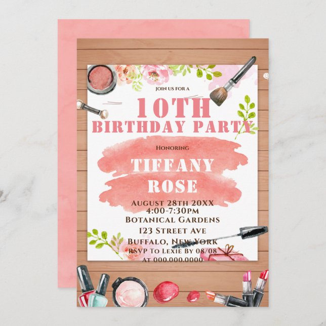 Makeup 10th  Birthday Party Invitations  (Front/Back)