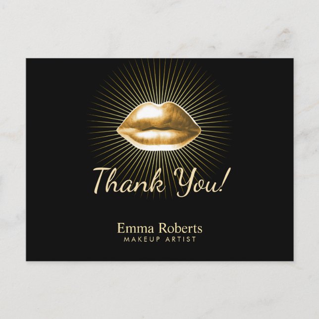 Makeup Artist 3D Gold Lips Beauty Salon Thank You Postcard (Front)
