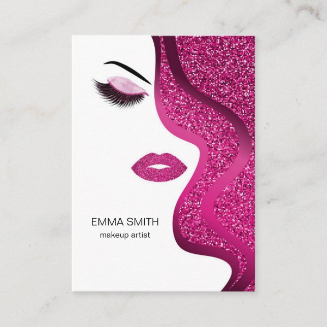 Makeup Artist Beauty Salon Dark Pink Glitter Business Card (Front)