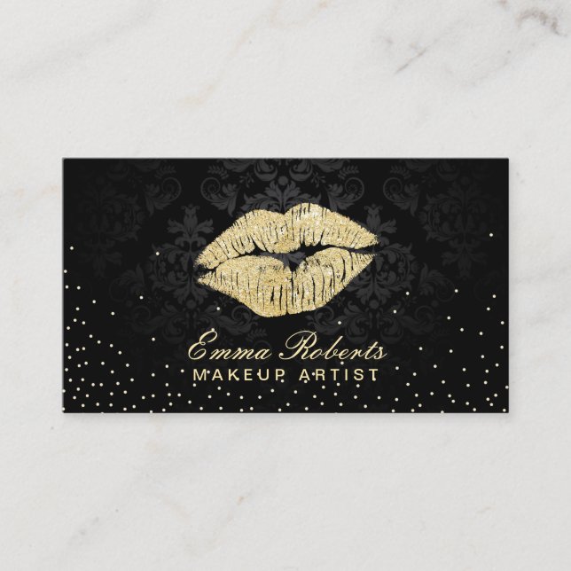 Makeup Artist Beauty Salon Gold Kiss Black Damask Business Card (Front)