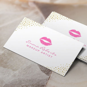 Makeup Artist Beauty Salon Pink Lips Gold Confetti Business Card