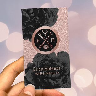 Makeup Artist Beauty Salon Rose Gold Black Floral Business Card