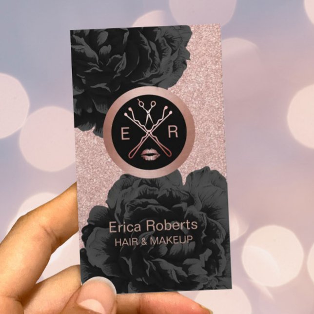 Makeup Artist Beauty Salon Rose Gold Black Floral Business Card (Creator Uploaded)