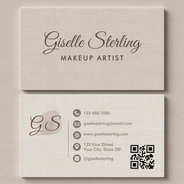 Makeup Artist Beige Linen Modern Elegant QR Code Business Card (Creator Uploaded)