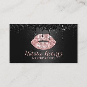 Makeup Artist Black Drips Rose Gold Lips Salon Business Card