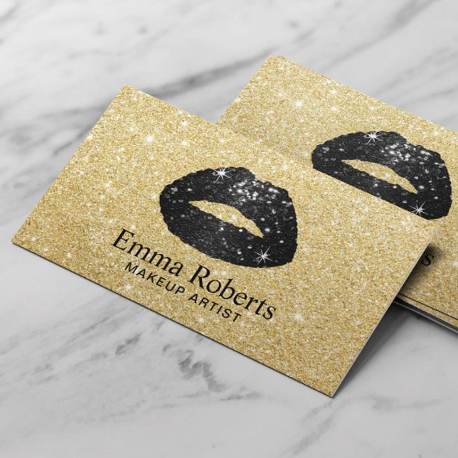 Makeup Artist Black Glitter Lips Modern Gold Business Card (Creator Uploaded)