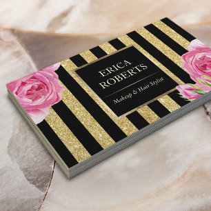 Makeup Artist Black & Gold Stripes Modern Floral Business Card