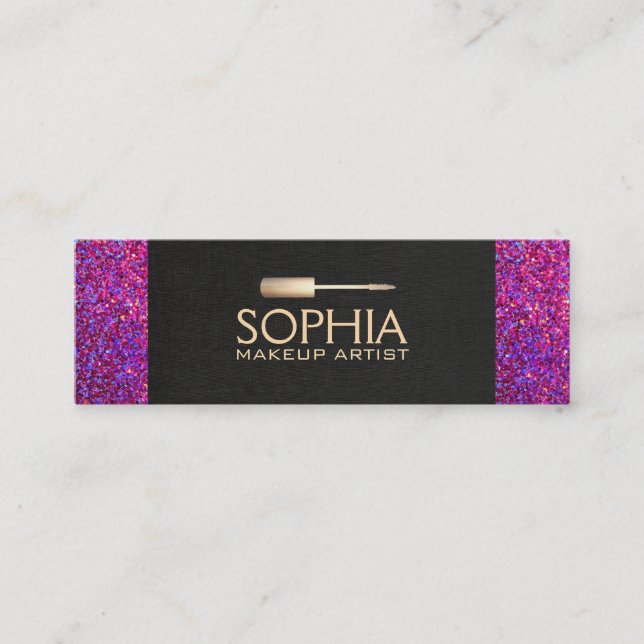 Makeup Artist Black Linen and Purple Glitter Look Mini Business Card (Front)