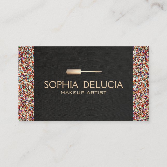 Makeup Artist Black Linen, Gold Foil & Glitter Business Card (Front)