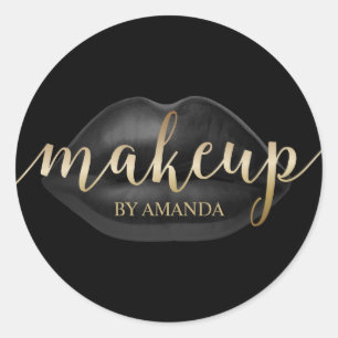 Makeup Artist Black Lips Gold Script Beauty Salon Classic Round Sticker
