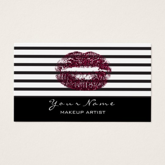 Makeup Artist Black White Stripes Lips Burgundy Business Card