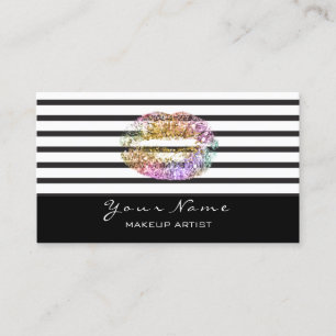 Makeup Artist Black White Stripes Lips Gold Pink Business Card