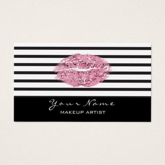 Makeup Artist Black White Stripes Lips Pink Glitte Business Card